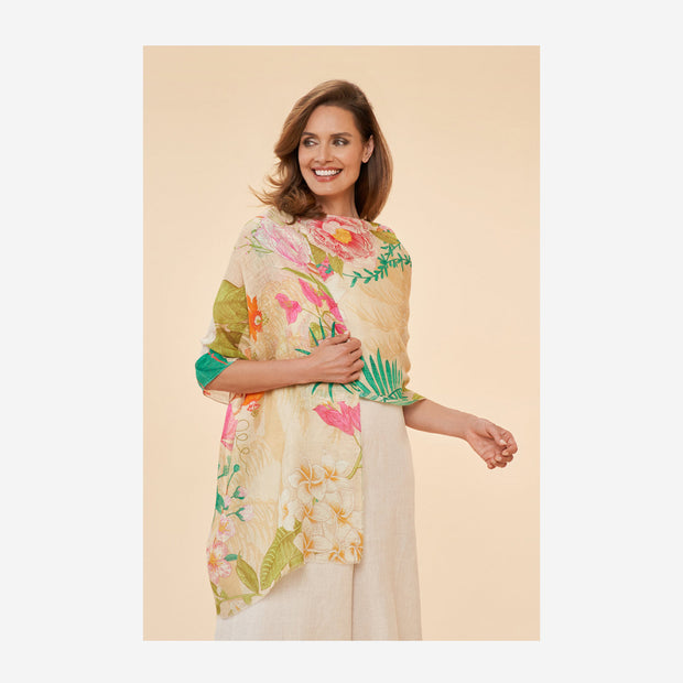 100% LINEN TROPICAL FLORA AND FAUNA SCARF - COCONUT