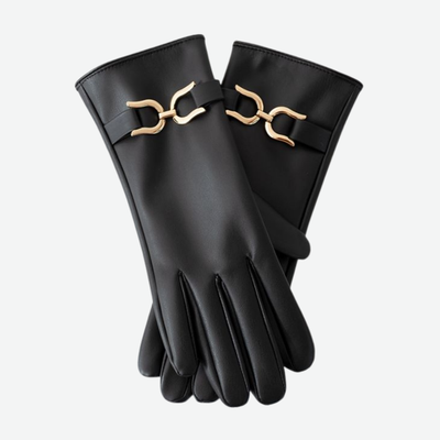 FAUX LEATHER GLOVES WITH GOLD BUCKLE DETAIL IN BLACK