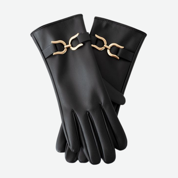 FAUX LEATHER GLOVES WITH GOLD BUCKLE DETAIL IN BLACK