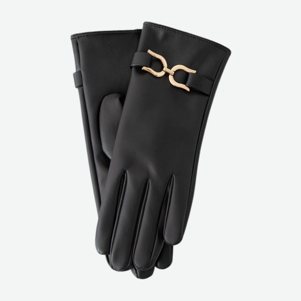 FAUX LEATHER GLOVES WITH GOLD BUCKLE DETAIL IN BLACK