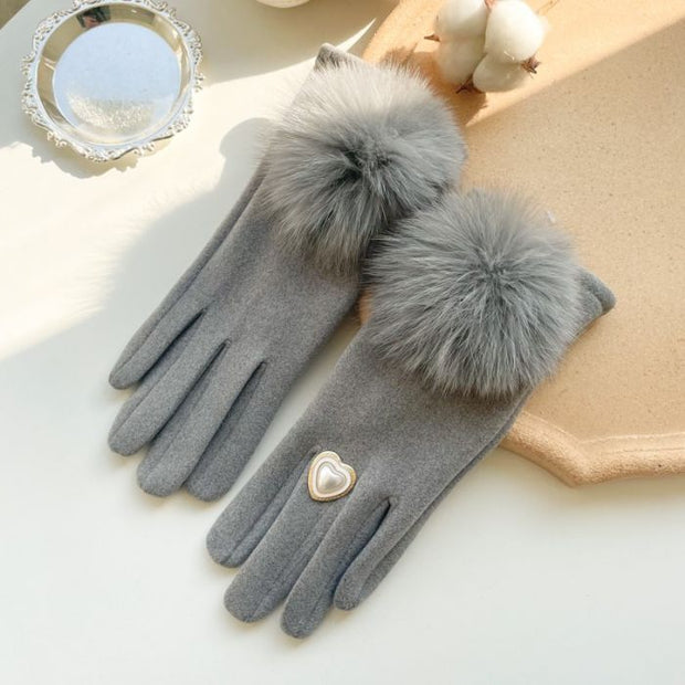 SILVER FAUX FUR POMPOM DECORATIVE HEART GLOVES