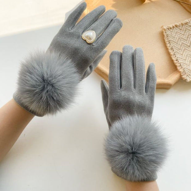 SILVER FAUX FUR POMPOM DECORATIVE HEART GLOVES