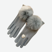 SILVER FAUX FUR POMPOM DECORATIVE HEART GLOVES