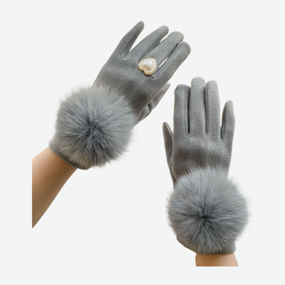 SILVER FAUX FUR POMPOM DECORATIVE HEART GLOVES