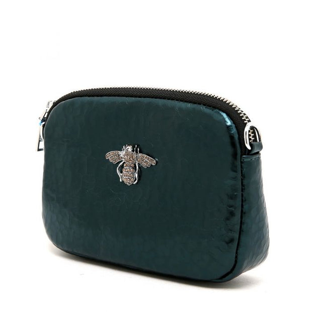 CRYSTAL LEATHER BEE BAG IN SHIMMERY EMERALD