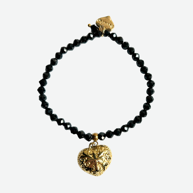 GOLD HEART AND BLACK SPINNEL GEMSTONE BRACELET/ FJB1064
