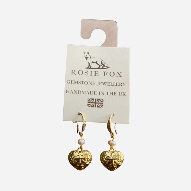 ROSIE FOX GOLD HEART PEARL EARRINGS/ FJE782