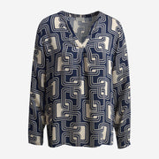 NAVY PRINT V NECK BLOUSE