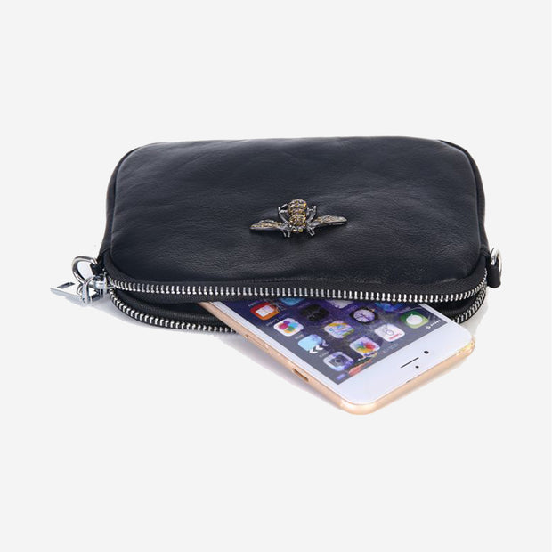 CRYSTAL LEATHER BEE BAG IN BLACK