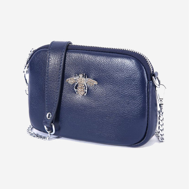 CRYSTAL LEATHER BEE BAG IN NAVY