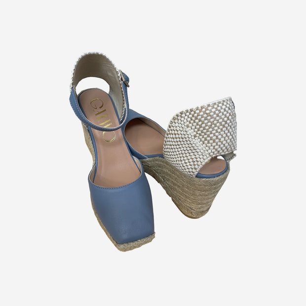 BLUE WEDGE ESPADRILLES IN ENGRAVED LEATHER WITH SQUARE TOE