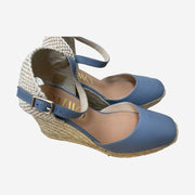 BLUE WEDGE ESPADRILLES IN ENGRAVED LEATHER WITH SQUARE TOE