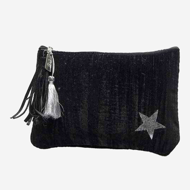 VELVET CLUTCH WITH STAR PRINT AND TASSLES BLACK