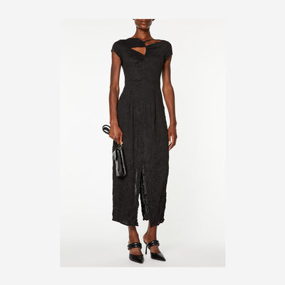 SOFT LONG DRESS IN WRINKLED POLYVISCOSE WITH WORK ON THE NECKLINE