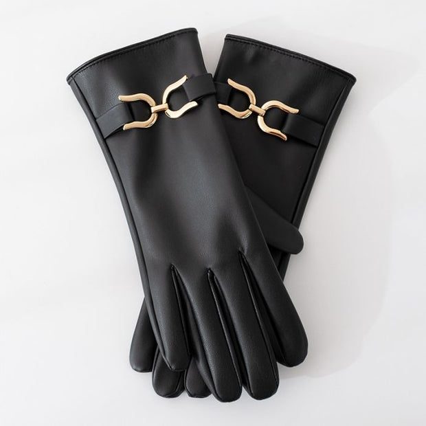 FAUX LEATHER GLOVES WITH GOLD BUCKLE DETAIL IN BLACK