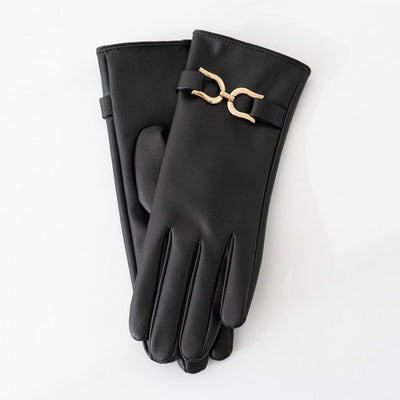 FAUX LEATHER GLOVES WITH GOLD BUCKLE DETAIL IN BLACK