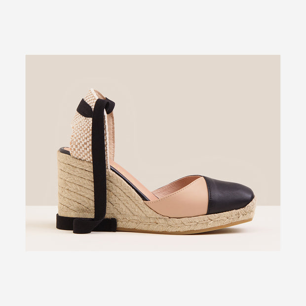 ESPADRILLES WEDGES IN TWO-TONE LEATHER WITH RIBBONS AND SQUARE TOE