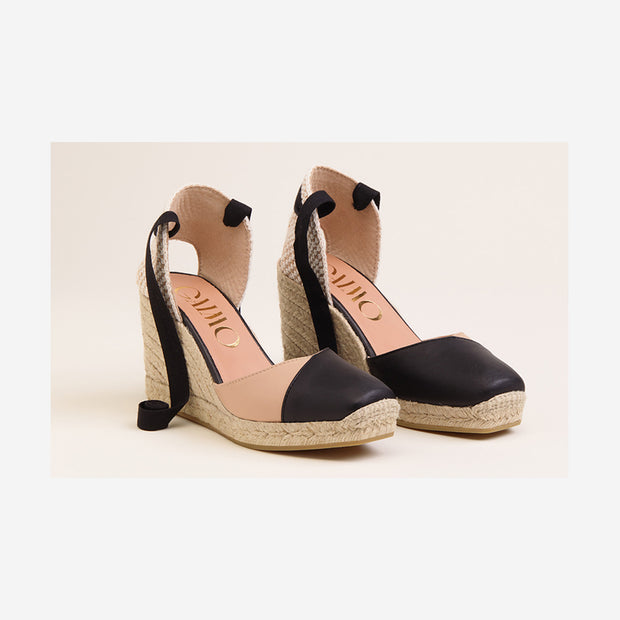 ESPADRILLES WEDGES IN TWO-TONE LEATHER WITH RIBBONS AND SQUARE TOE
