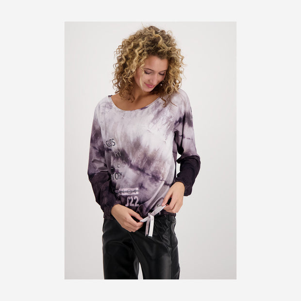 ELASTIC TOP SHIRT WITH ALL-OVER BATIK PRINT AND RHINESTONES