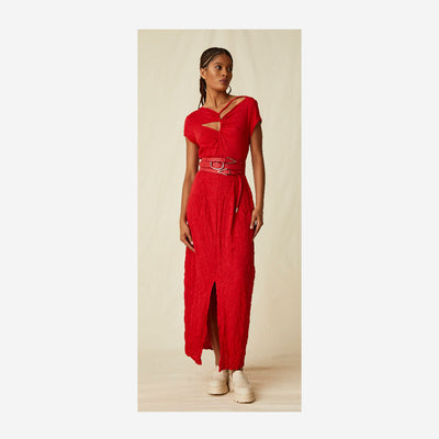 SOFT LONG DRESS IN WRINKLED POLYVISCOSE WITH WORK ON THE NECKLINE - RED