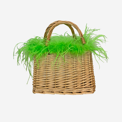 HAND MADE SALINES STRAW BAG WITH OSTRICH FEATHER – GREEN