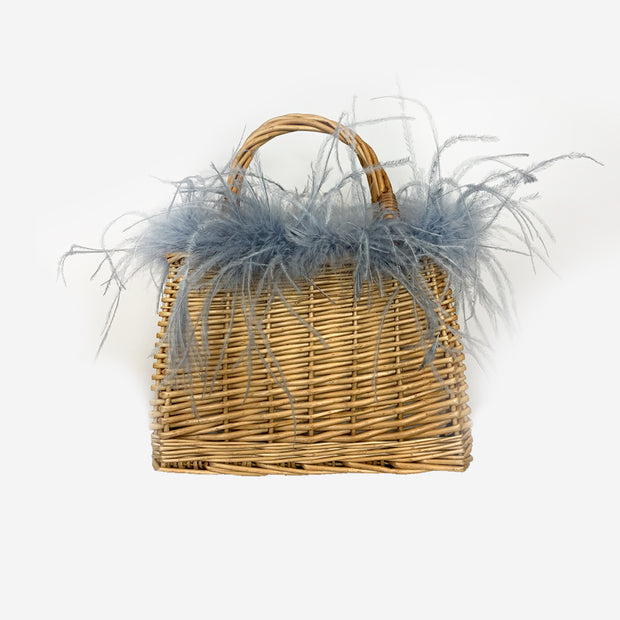 HAND MADE SALINES STRAW BAG WITH OSTRICH FEATHER – SILVER