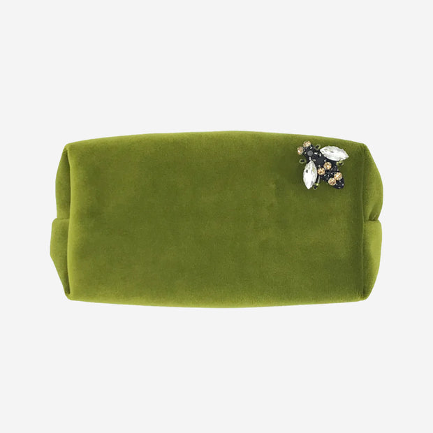 VELEVET MAKE-UP BAG IN CHARTREUSE WITH BUMBLEBEE PIN